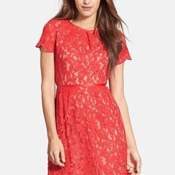 Adrianna Papell Coral Red ScallopedLace Dress Size 4 - Picture 1 of 9